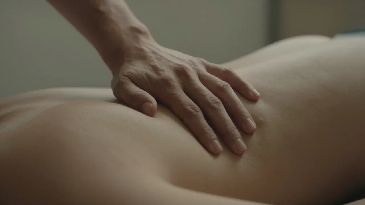 Ruka pokojne ležiaca na stehne, jemný dotyk v tichom prostredí bez pohlavného významu.