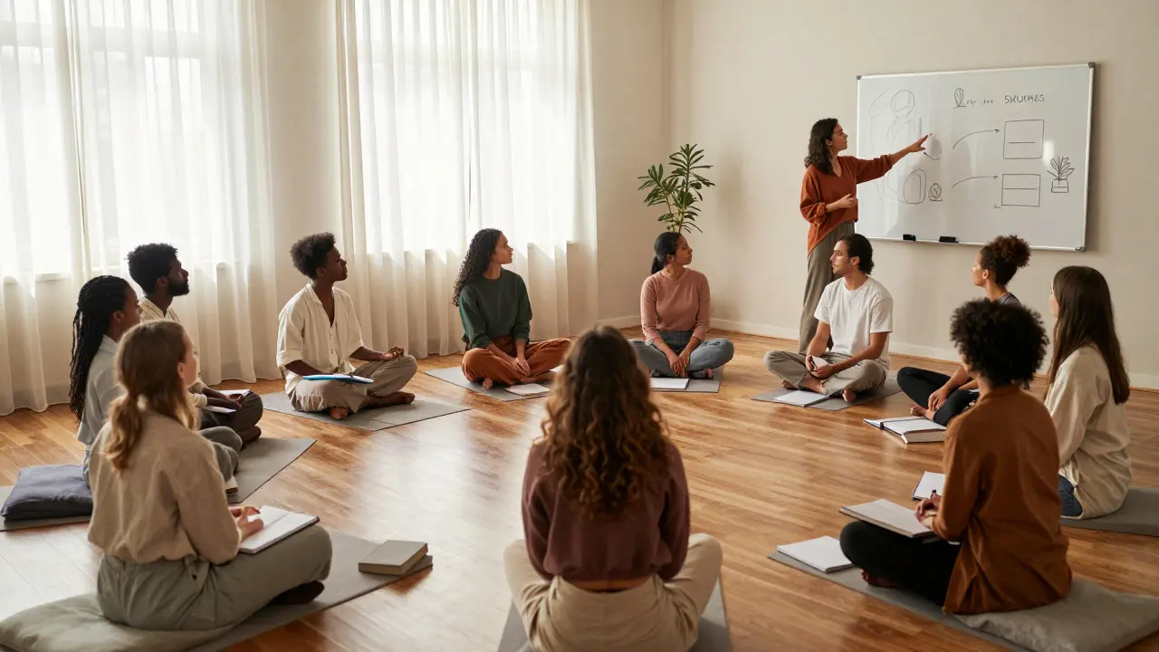 Skupina ľudí na kurze tantry, na tabuli vidno tri splátky.