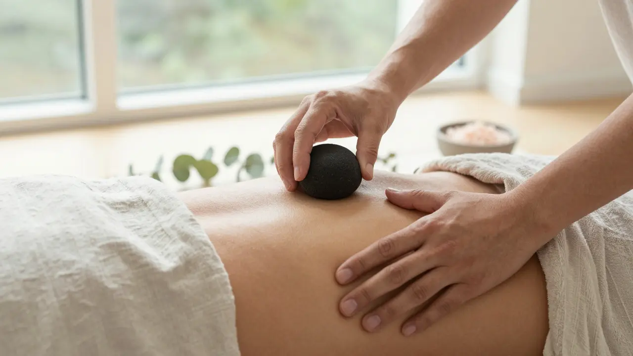 Teplé lava kameň je jemne umiestnený na chrbte klienta, oblečeného v prírodných tkaninách, bez dotyku kože, v klidnom, dennom svetle.