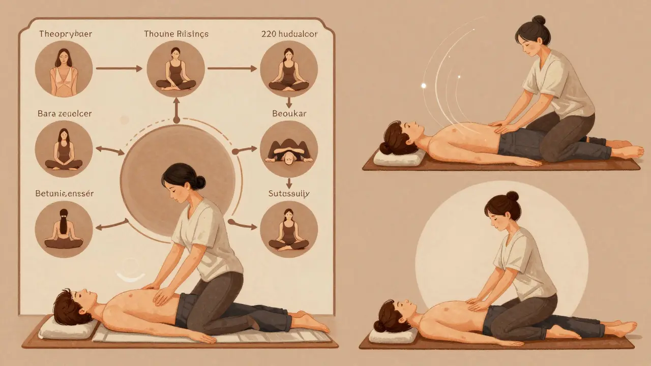 Visual breakdown of a 120-hour tantric massage curriculum with theory, practice, and certification components.