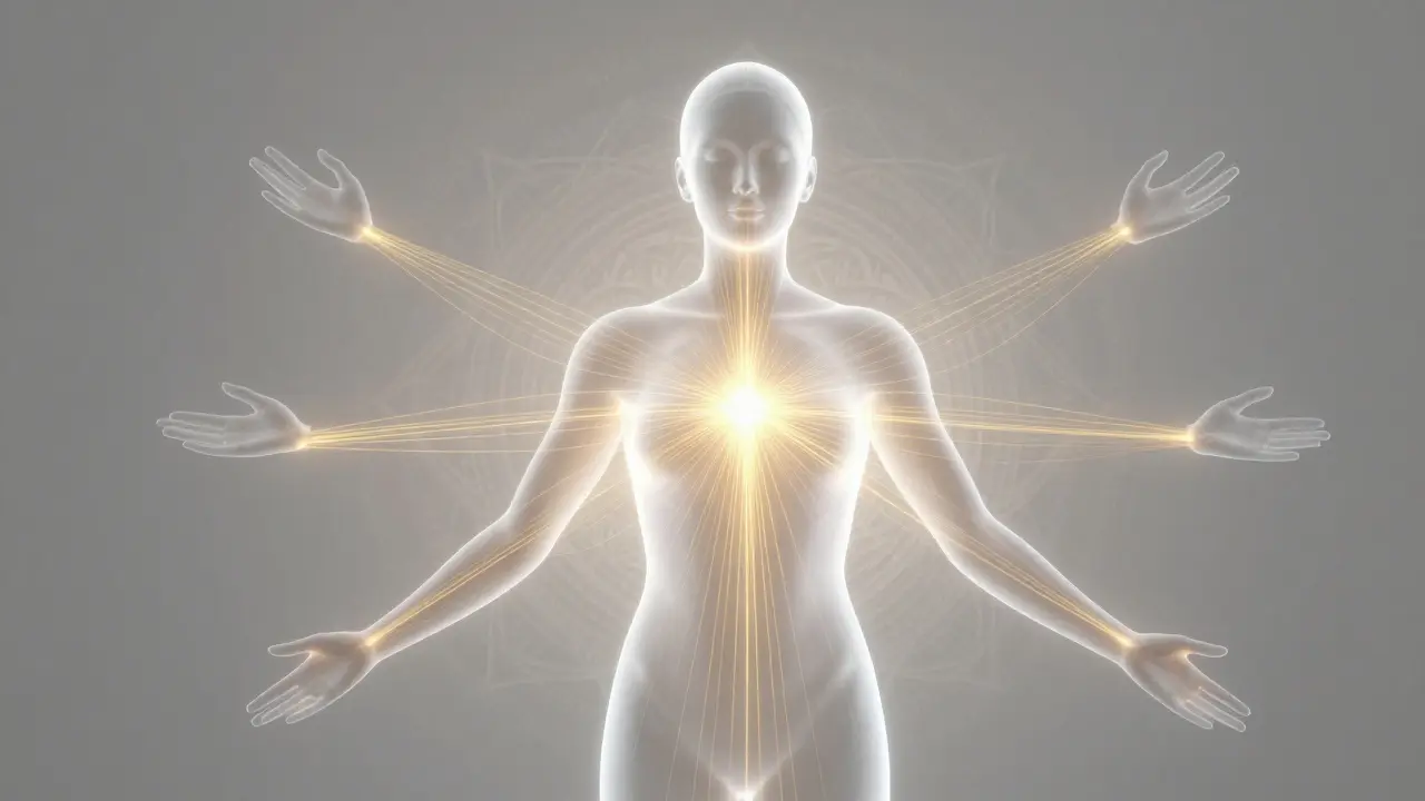 Abstraktný obraz človeka zo svetla, z ktorého vyžaruje zlatá energia cez celé telo, spojená s jemnými rukami v priestore.