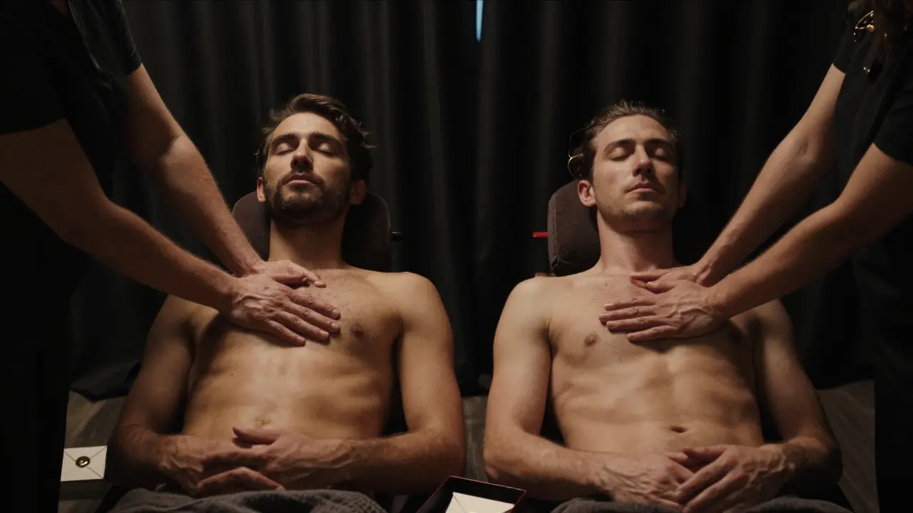 Dvojica dostáva súčasné tantrické masáže v tme, obaja s očami zatvorenými a rukami na hrudi.