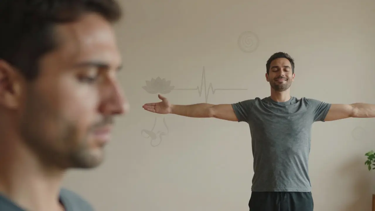 Dvojité expozície: muž v náročnom cvičení Kegelových svalov a ten istý muž potom, keď dosiahol kontrolu — prechod od napätia k pokoji.