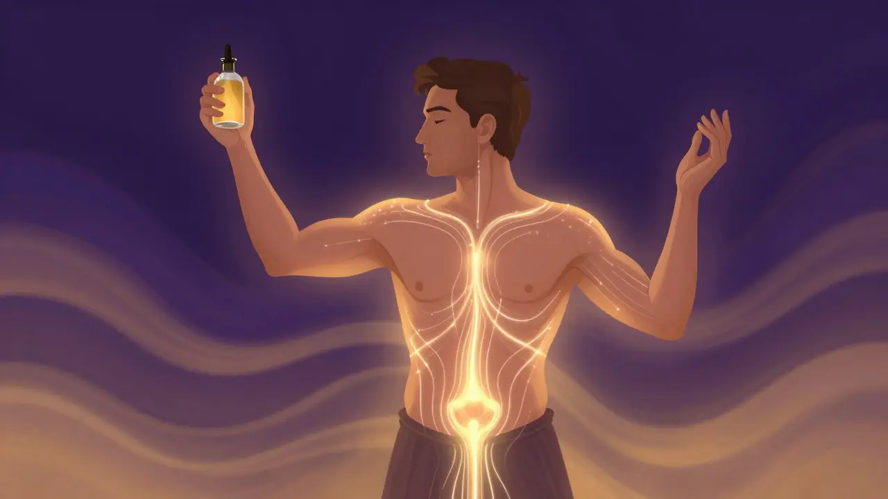 Energetické čiary prechádzajúce z chrbta muža do hrudníka a hlavy, symbolizujúce prenos pohlavného napätia počas tantrickej masáže.