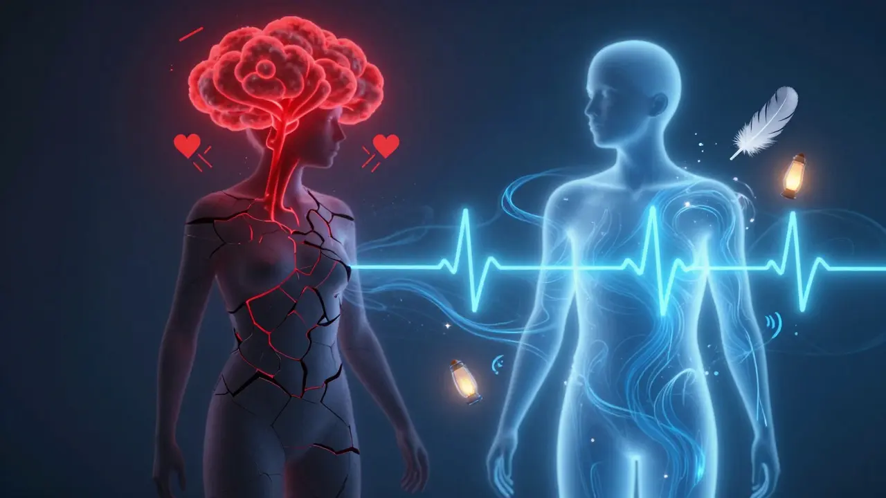 Kontrast medzi napnutým a uvoľneným ľudským telom, symbolizujúci prechod z režimu stresu do stavu pokojnej nervovej sústavy.