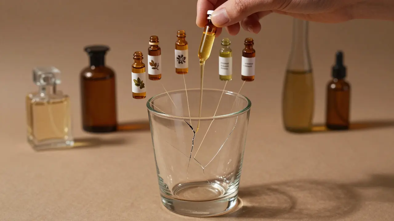 Křehký sklenený pohár sa pomaly zaceluje zlatými vláknami oleja.