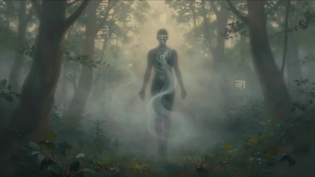 Ľudský siluét rozptýlený v tichej lese, energie sa prenášajú zeme do vzduchu bez jasných hraníc.