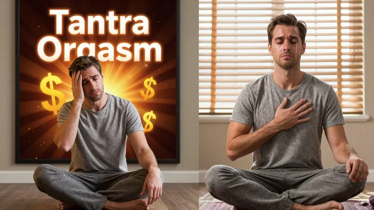 Muž naľavo pozrie na reklamu s nápisom 'Tantrický orgasmus', napravo sedí klidne s očami zatvorenými a slzami na tvári.