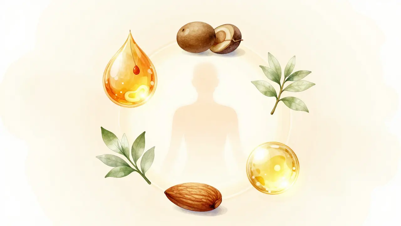 Päť prírodných olejov a vitamínu E vo forme svietiacich kvapiek s rastlinnými detailmi.