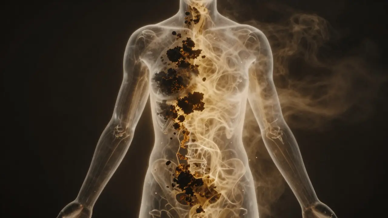 Prehľad ľudského tela z priehľadného skla, zablokované oblasti sa menia na zlatý mihotavý plyn, symbolizujúci uvoľnenie energie.