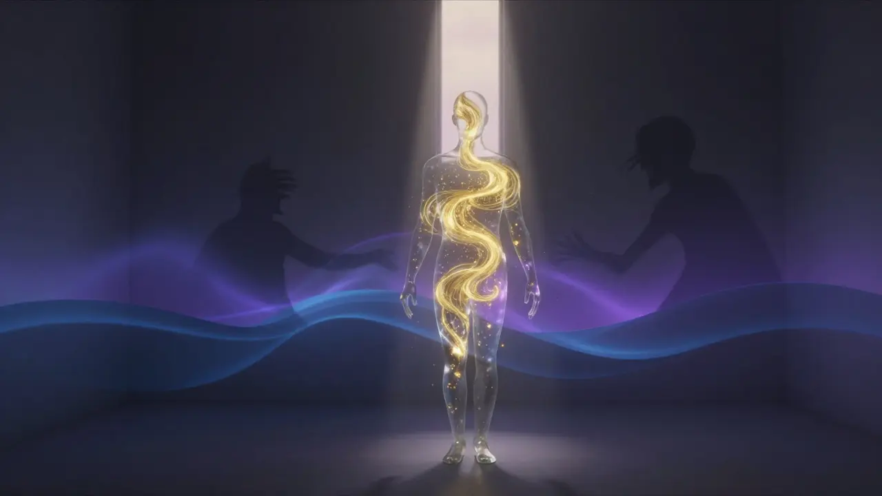 Průhľadný siluét človeka naplnený zlatým svetlom, ktorý sa mení z tmy do svetla v temnej miestnosti.