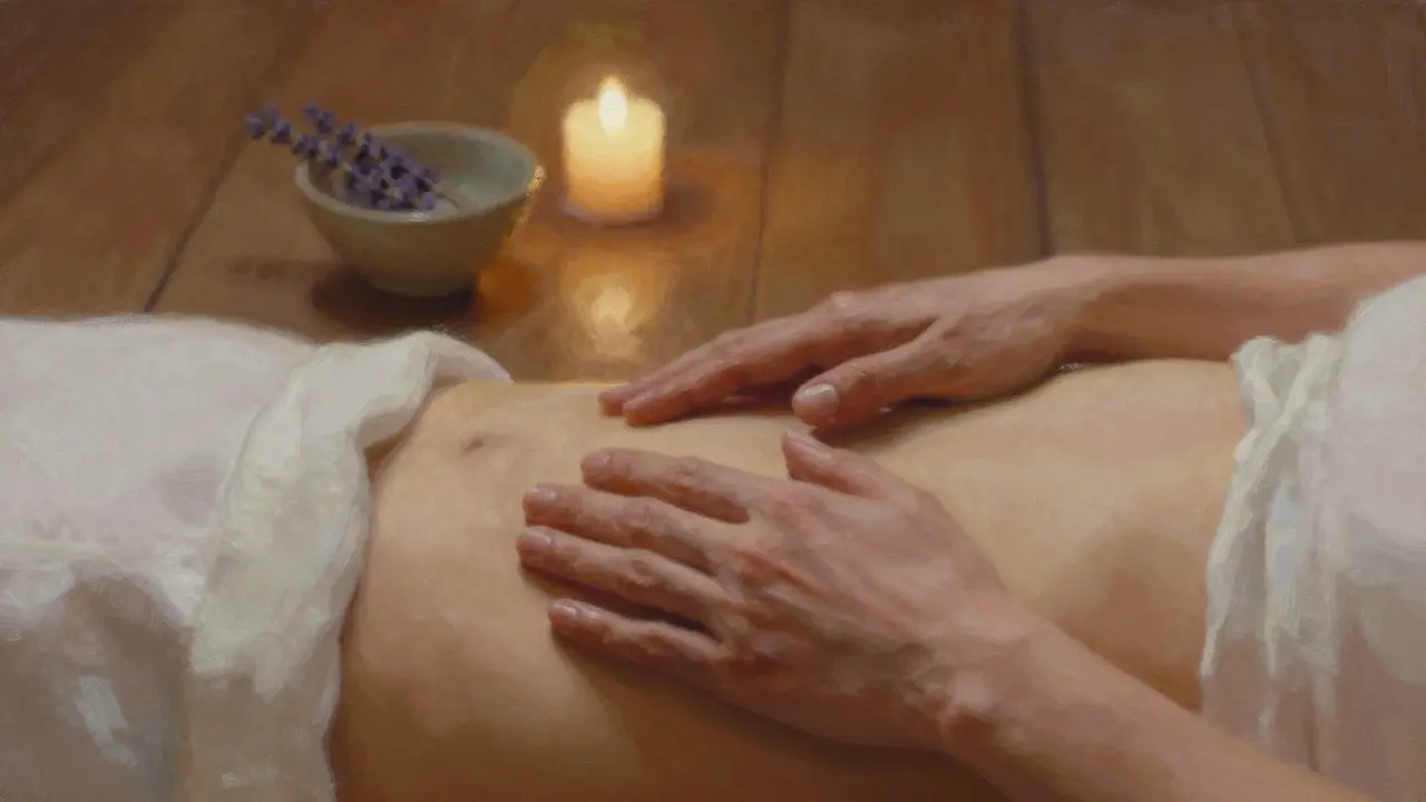 Ruky jemne sledujú dýchanie bráničky na břichu, v pozadí svieti sviečka a je vidieť nádobu s esenciálnym olejom.