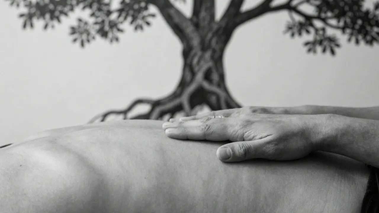 Ruky na chrbte v pokoji, stín stromu sa spája s chrbticou, symbolizujúc úplnú prítomnosť a spojenie.