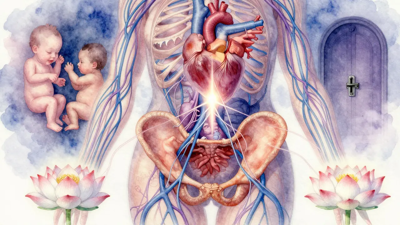 Symbolická ilustrácia nervového a emocionálneho spojenia medzi srdcom a panvou pri uzdravení traumatu.