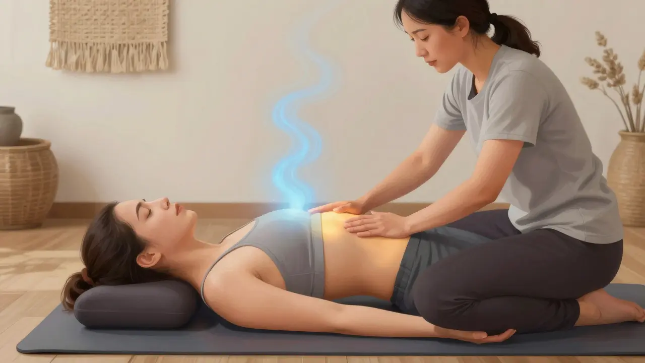 Tantrický průvodca jemne dotýka chrbta klienta, medzi nimi prúdi jemné svetlo energie, oba sú na podložke.
