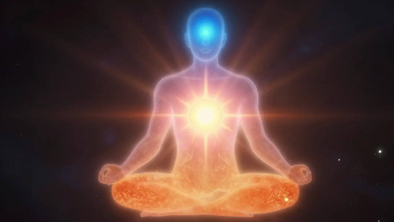 Abstraktná silueta tela s farebnými svetlami reprezentujúcimi čakry a teplotu.