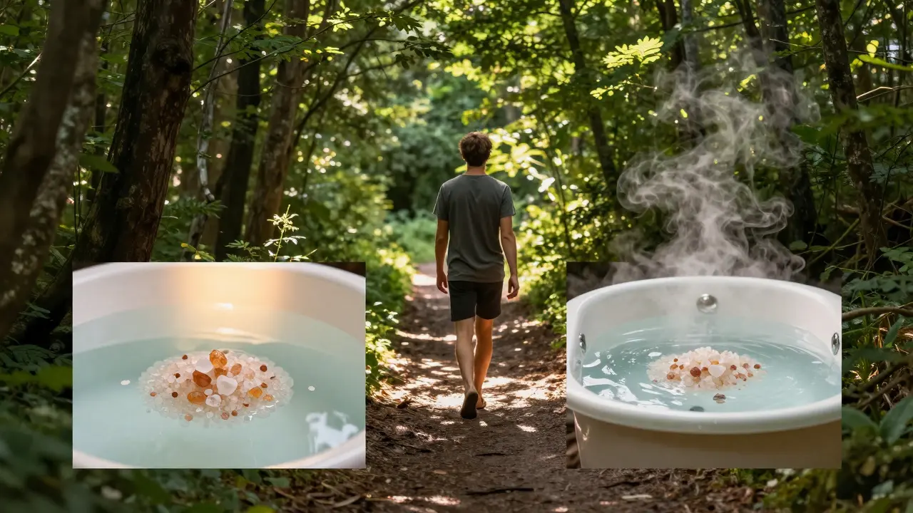 Človek sa prechádza prírodou a detail kúpeľa s Epsom soľou na regeneráciu.