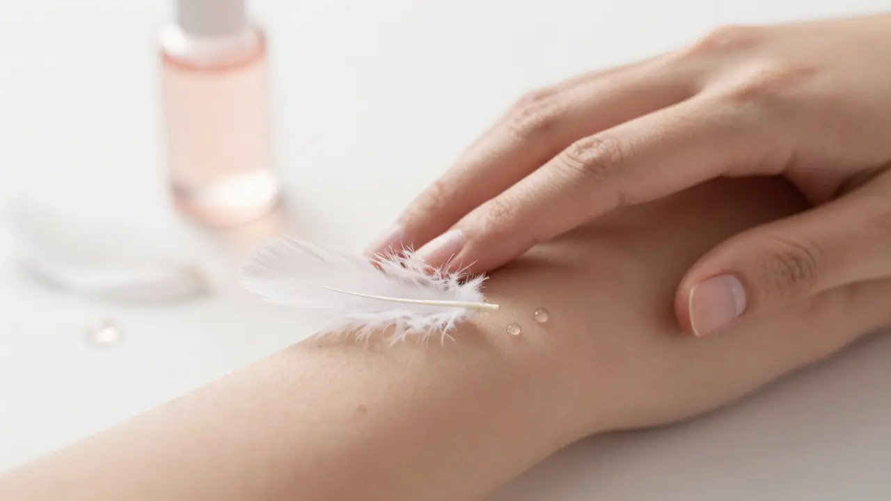 Detail jemného dotyku bieleho peria na ruke symbolizujúci zcitlivnenie a vedomý dotyk.