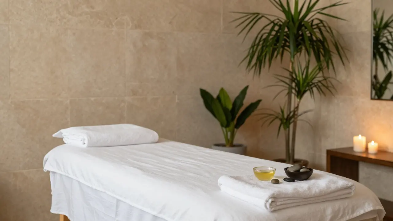 Kľudný a profesionálny interiér terapeutickej miestnosti s masážnym stolom a rastlinami.