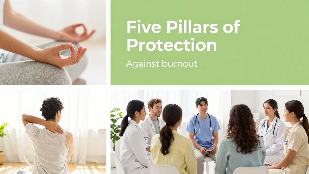Kolaž zobrazujúci meditáciu, strečing a podporu kolegov ako prevenciu vyhorení.