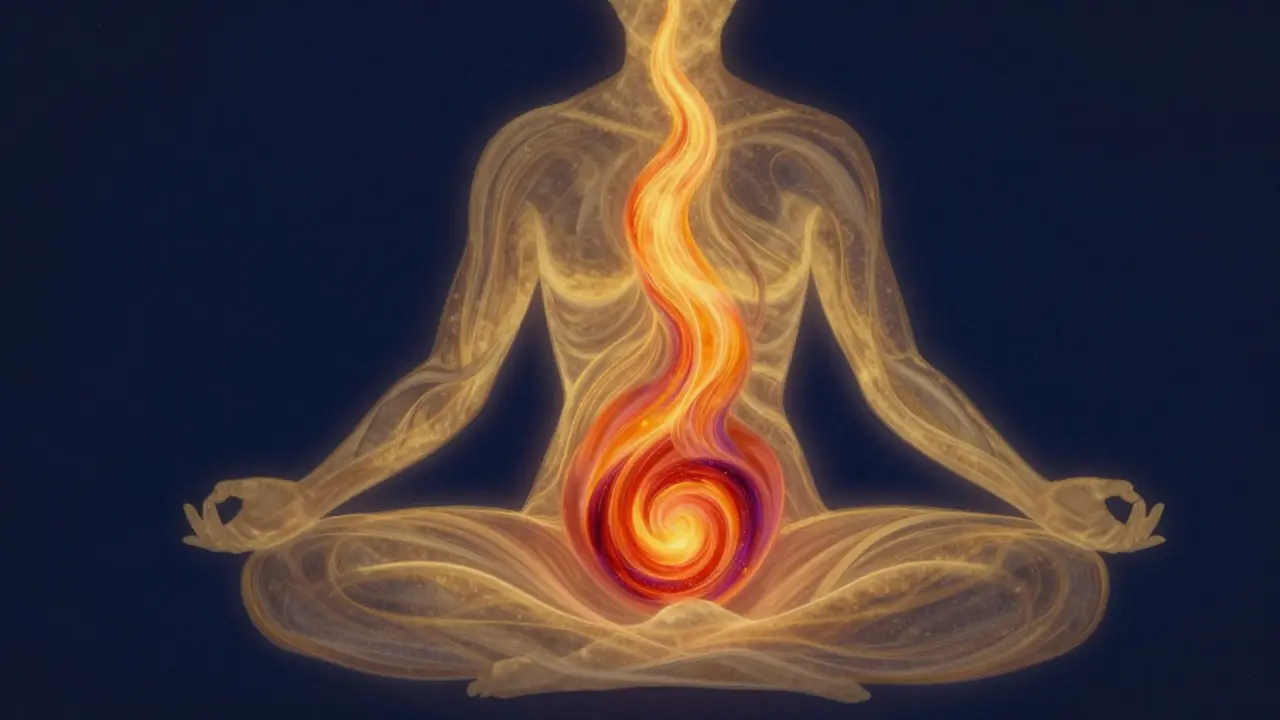 Konceptuálna ilustrácia toku zlatého a červeného svetla v siluete tela znázorňujúca energetické prebudenie.