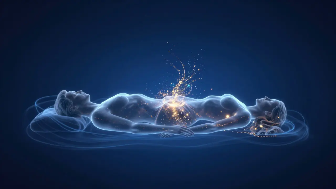 Konceptuálne zobrazenie redukcie stresu a nárastu oxytocinu u pára počas relaxácie.