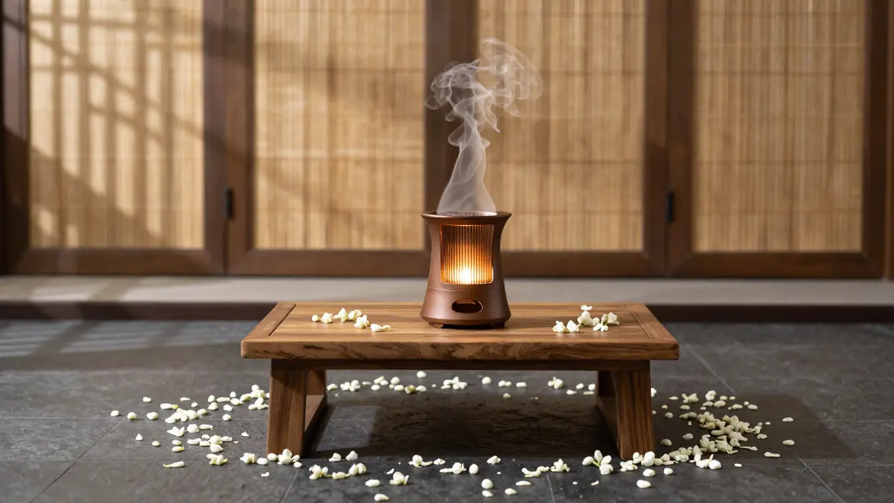 Meditačný priestor s ohrivačom na olej a jazmínovými kvetmi