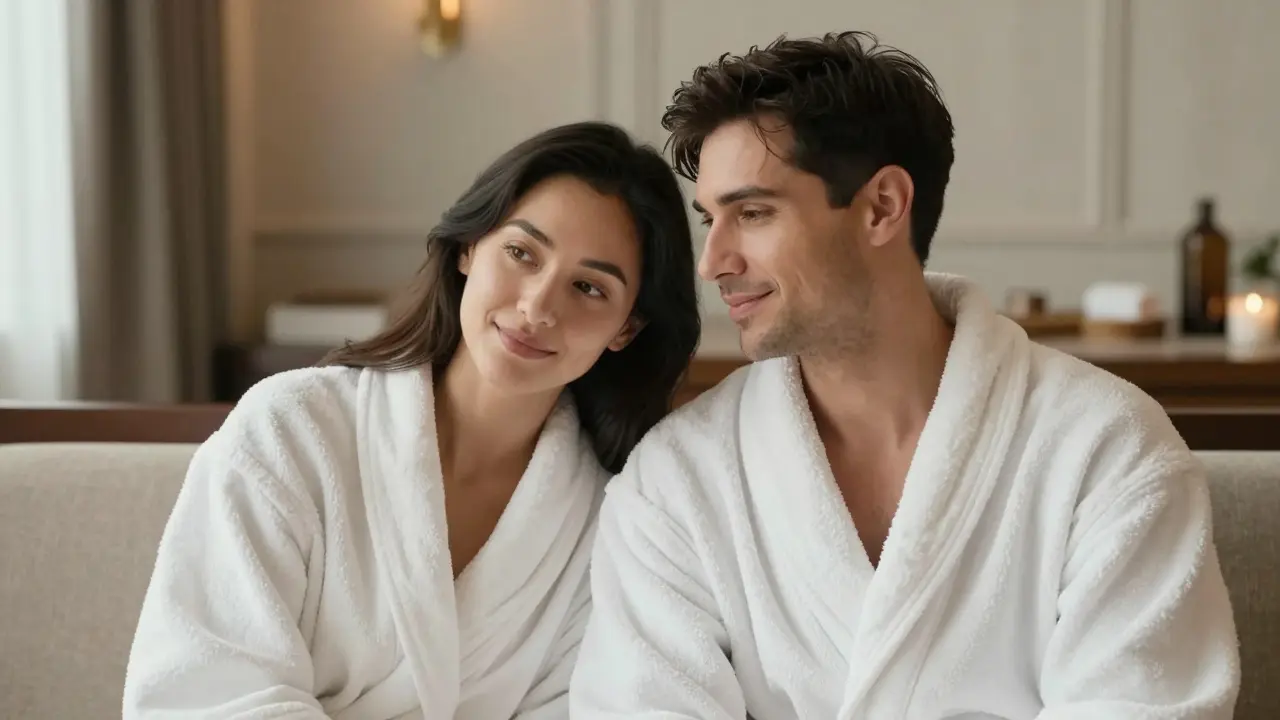 Relaxovaný pár v bialogých kúpelových robech po spoločnej masáži v wellness centre.