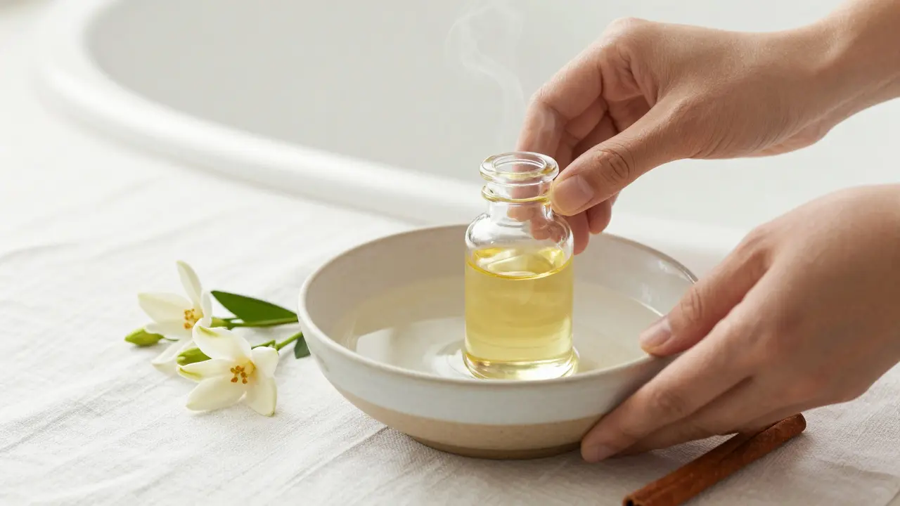 Sklenená fľaša s olejom v teplý vodnej lázni vedľa kvetov ylang-ylang.