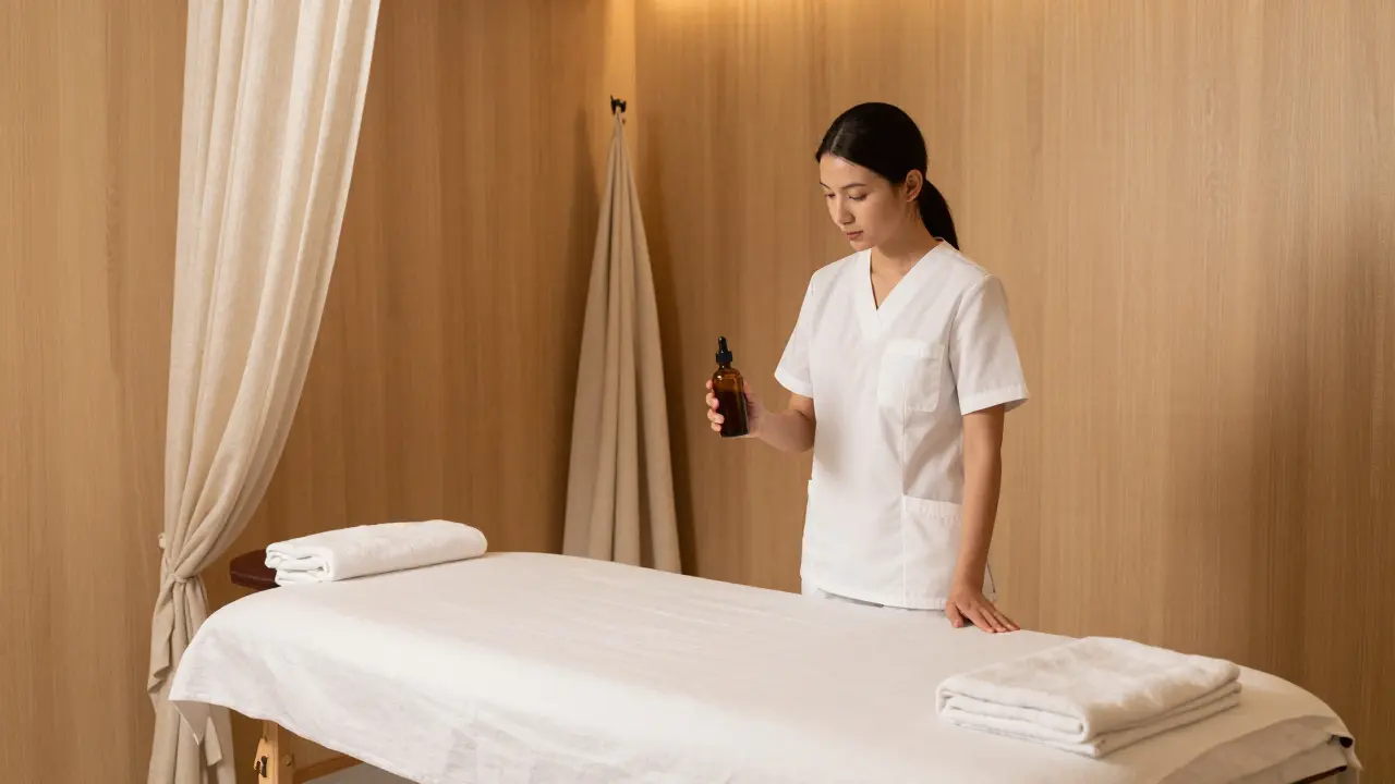 Kľudná masážna miestnosť s terapeutom a olejom, atmosféra dôvery