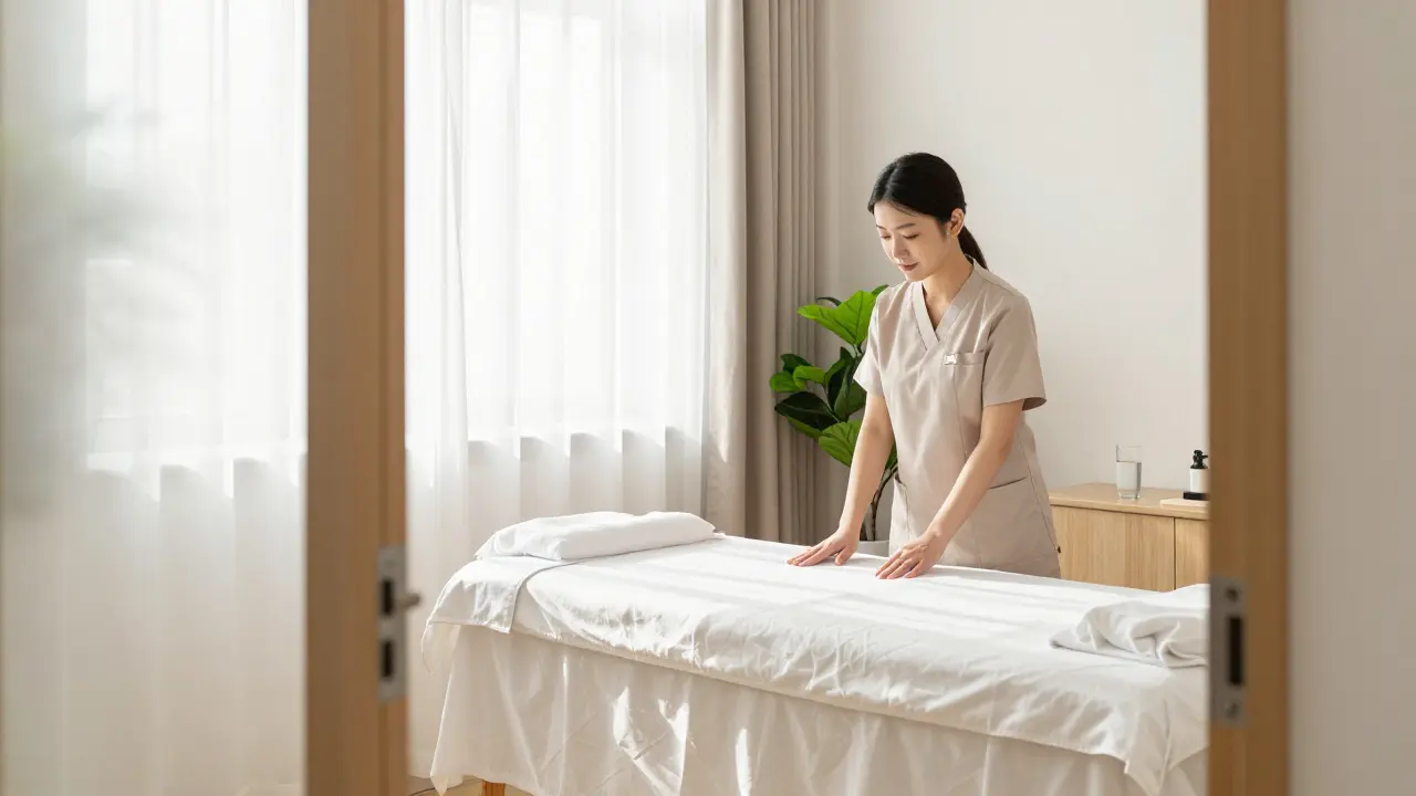 Svetlá a čistá miestnosť profesionálneho wellness centra s masážnym stolom.
