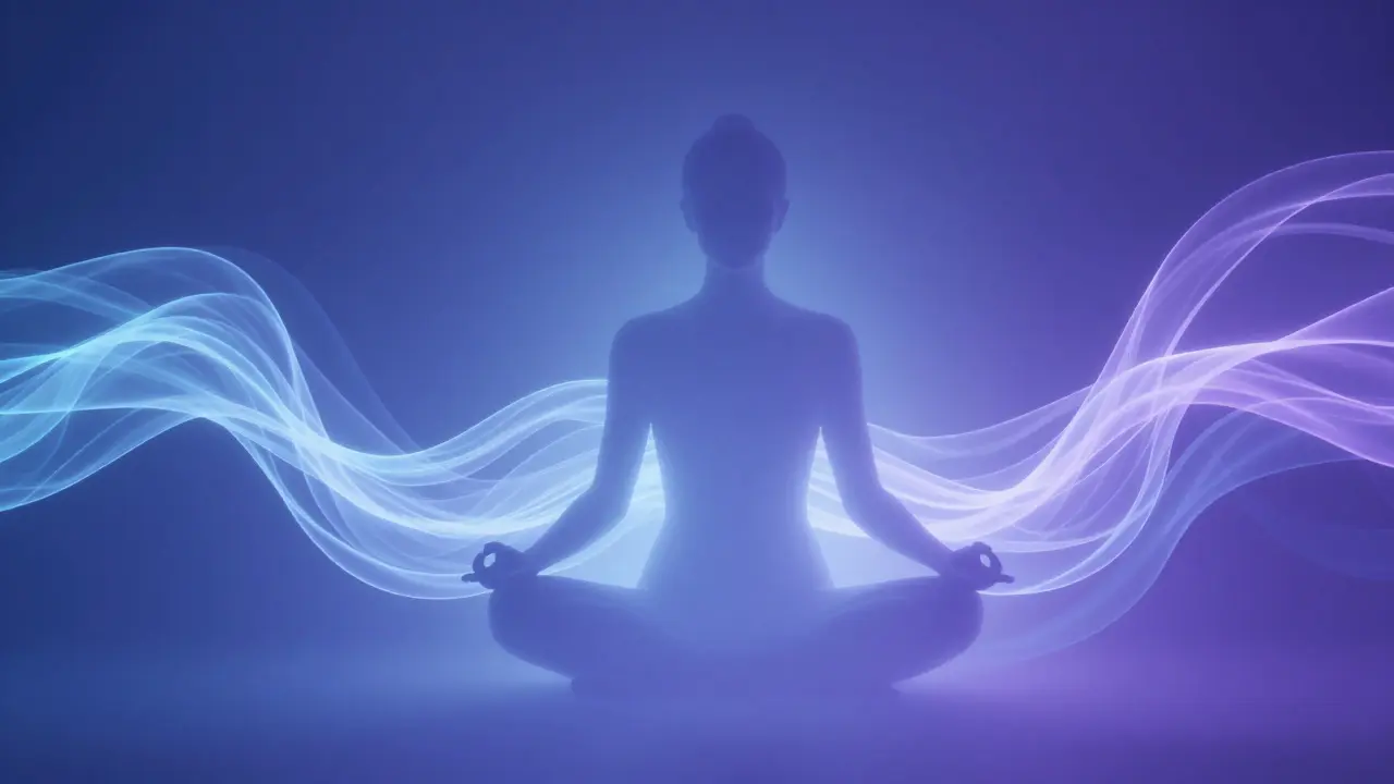 Abstraktná postava v meditácii obklopená svetlom dychu a energie