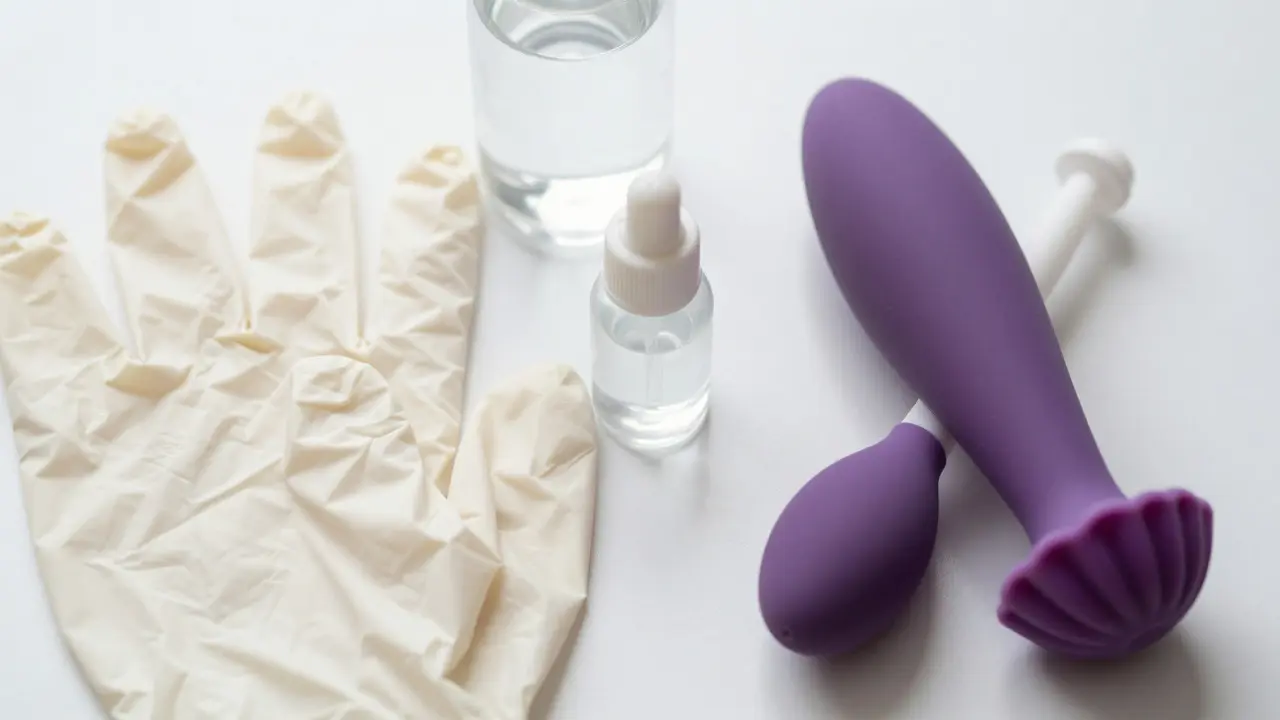 Hygienické pomôcky na masáž: rukavice, lubrikant a silikónová hračka.