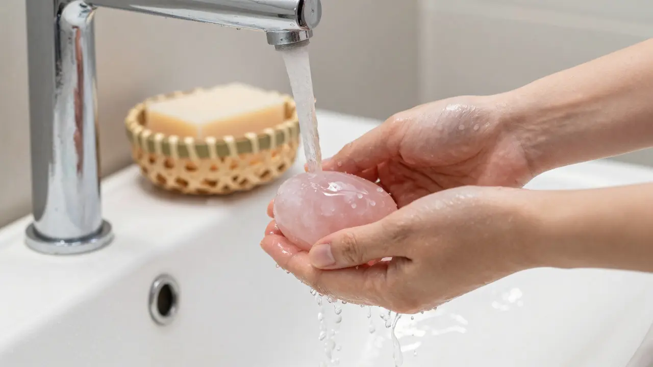 Hands washing a rose quartz yoni egg under running water in a bathroom