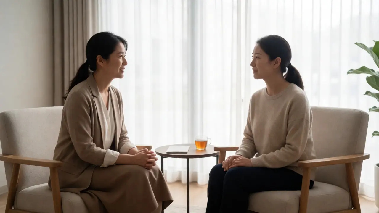 Therapist and client discussing expectations in a wellness center