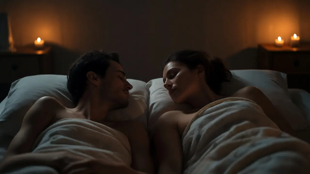 Pár ležiaci vedľa seba po masáži v tichu a intimite, čo znázorňuje emocionálne spojenie.