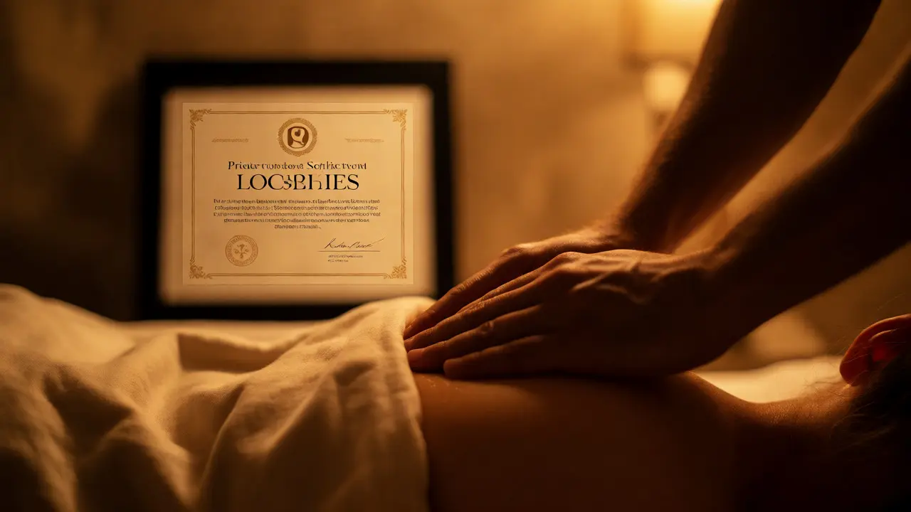 Terapeutka pri tantrickej masáži s certifikátom v pozadí